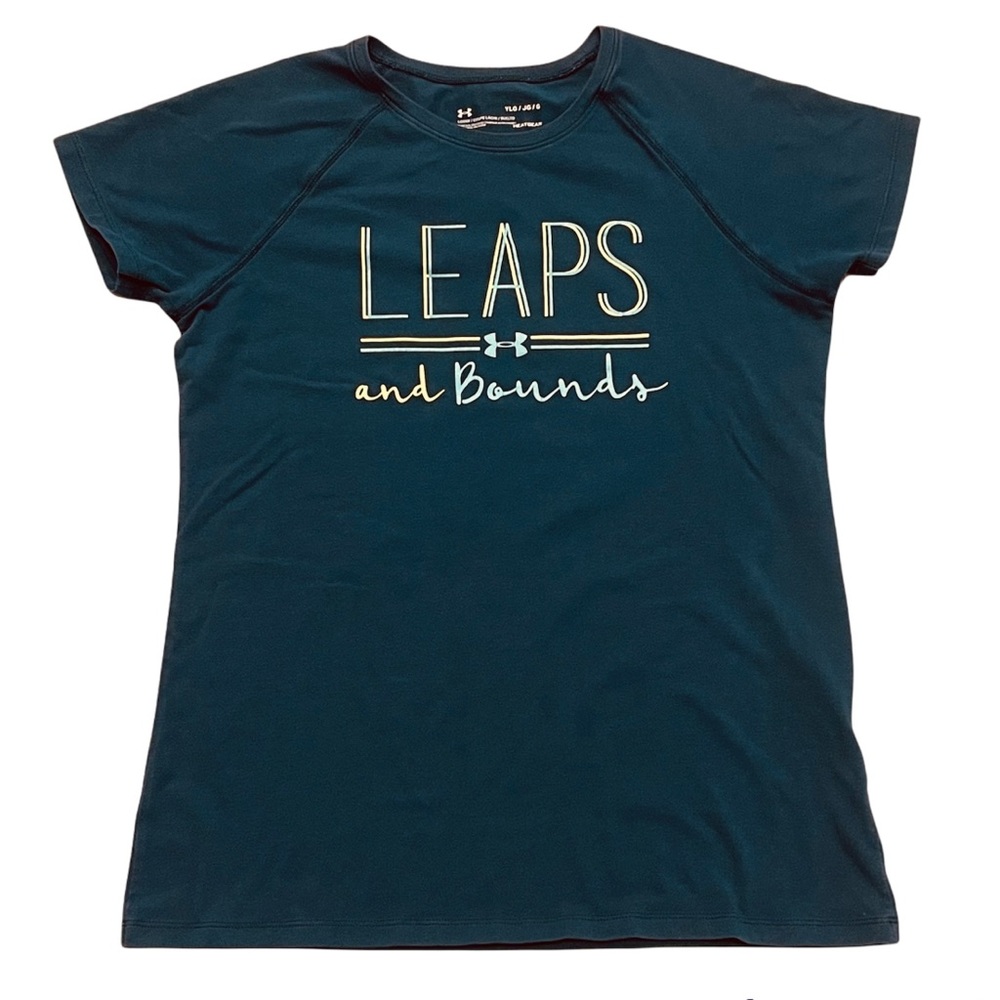 UNDER ARMOUR Leaps and Bounds Short Sleeve Teal Loose HeatGear T-Shirt Size YLG